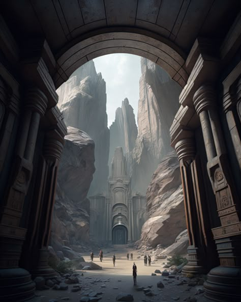 Stone City Fantasy Concept Art, Stone City Concept Art, Fantasy Stone City, Lost City Aesthetic, Rock Architecture, Stone Kingdom, Sun Elves, Environment Aesthetic, Ancient Underground City