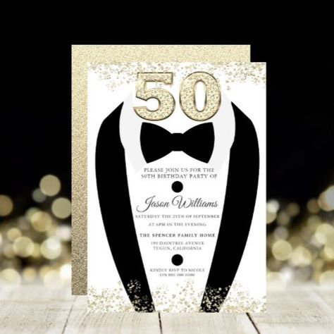 Mens 50th Birthday, Black Tuxedo Suit, 50th Birthday Party Invitations, 50th Birthday Invitations, Party Invite Design, 50th Party, Luxury Invitation, Black Invitation, Tuxedo Suit