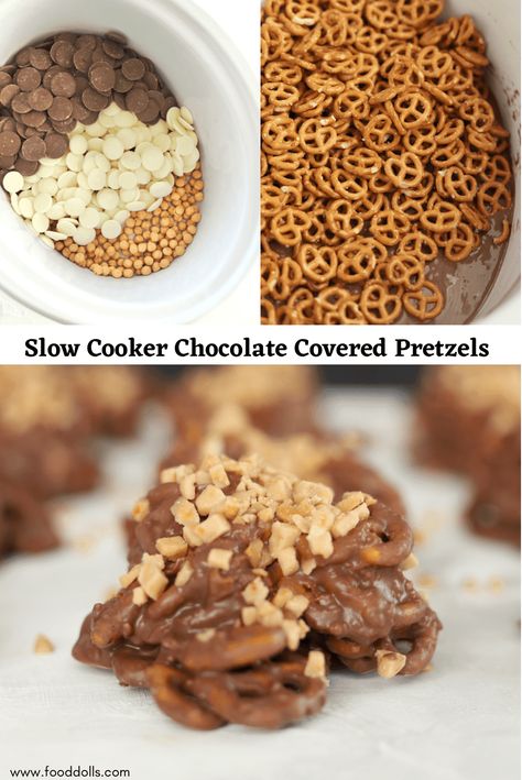 These chocolate covered pretzels are made in the slow cooker. They are shaped in to little clusters and topped with toffee bits! #pretzels fooddolls.com Slow Cooker Candy Recipes, Pretzel Chocolate Bites, Chocolate Covered Pretzels Recipe, Crockpot Candy Recipes, Slow Cooker Candy, Chocolate Caramel Pretzels, Crockpot Candy, Crock Pot Desserts, Covered Pretzels