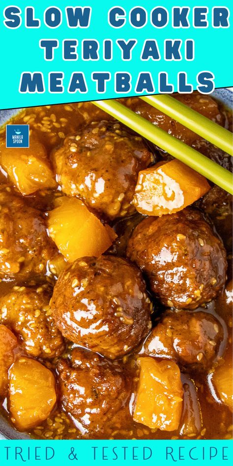 Easy Slow Cooker Teriyaki Meatballs Teriyaki Meatballs Crockpot, Hawaiian Meatballs Crockpot, Easy Teriyaki Meatballs, Meatball Appetizer Crockpot, Teriyaki Chicken Meatballs, Meatball Appetizer Recipe, Meatball Recipes Crockpot, Cobb Salad Recipe, Crockpot Appetizers