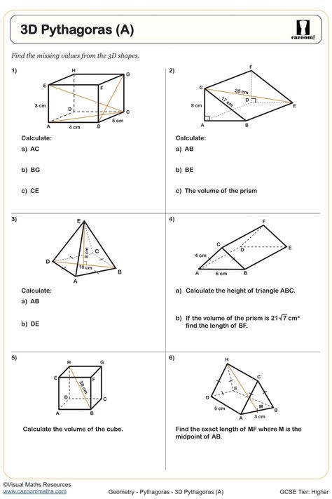 Dive into the world of 3D shapes and Pythagoras' theorem with this Geometry Worksheet tailored for Year 9 & 10 students. Explore intricate volume calculations and in-depth shape analysis to enhance your understanding of geometry concepts. Immerse yourself in challenging problems that will sharpen your mathematical skills and expand your knowledge of geometrical principles. Strengthen your grasp on these fundamental concepts through practical applications to real-world scenarios, promoting critical thinking and problem-solving abilities. Year 9 Maths Worksheets, Ks3 Maths Worksheets, Year 8 Maths Worksheets, Ks1 Maths Worksheets, Year 5 Maths Worksheets, Year 7 Maths Worksheets, Pythagoras Theorem, Geometric Formulas, Gcse Maths Revision