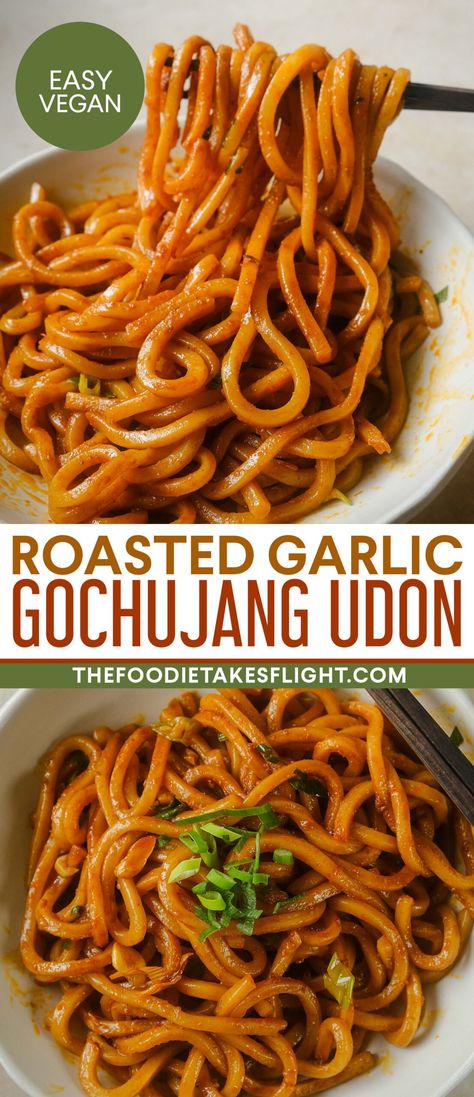 Roasted Garlic Gochujang Udon Noodles Gochujang Udon, Healthy Hair Vitamins, Vegan Udon, Gochujang Recipe, Udon Recipe, Asian Noodle Dishes, Asian Noodle, Food Story, Udon Noodles