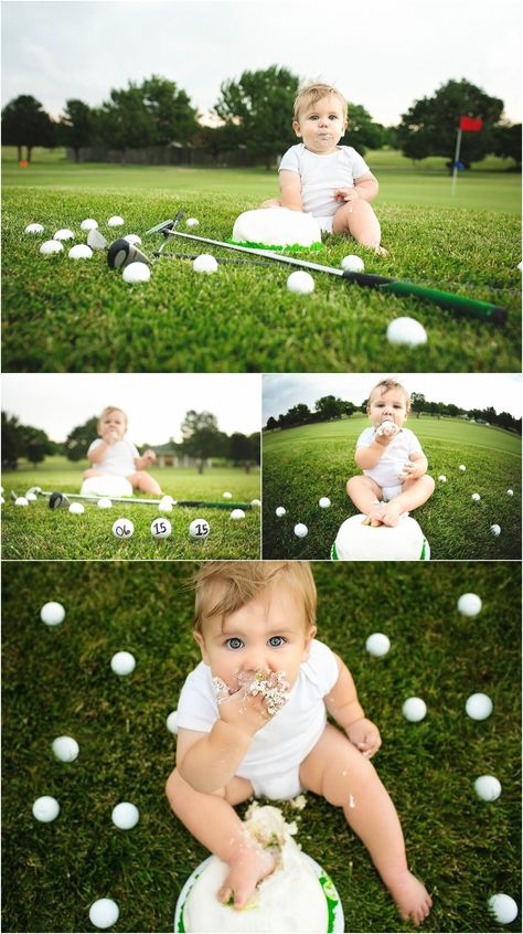 Golf Course First Birthday Pictures, Baby Golf Photoshoot, Hole In One Party, Golf 1st Birthday, First Birthday Portraits, Golf First Birthday, Birthday Portraits, Golf Baby, Golf Birthday Party