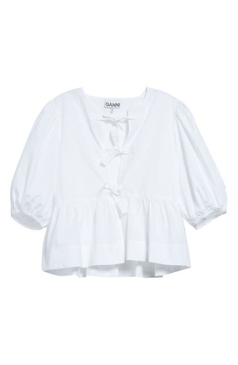 "Find GANNI Puff Sleeve Organic Cotton Poplin Peplum Blouse on Editorialist. Crafted from crisp organic-cotton poplin, this puff-sleeve top with three bows at the front closure is finished with a flouncy peplum. 22\" length (size 34) Split neck with ties Elbow-length sleeves 100% organic cotton Machine wash, dry flat Imported" Peplum Blouse, Puff Sleeve Top, Elbow Length Sleeve, Cotton Poplin, Bright White, Puff Sleeve, White Black, Sleeve Top, Split