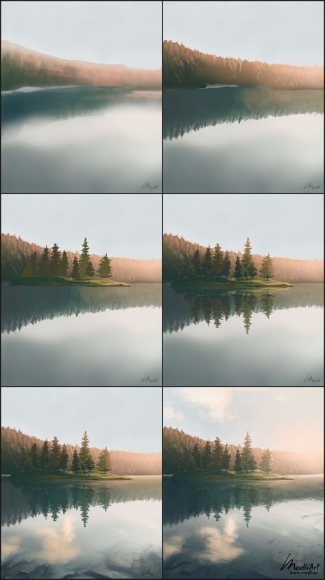 Lake Digital Painting, Nature Backgrounds Painting, Scenery Drawing Tips, Digital Art Scenery Tutorial, Landscape Art Step By Step, Landscape Ideas Digital Art, Drawing References Landscape, Digital Tutorial Step By Step, How To Draw Scenery Digital