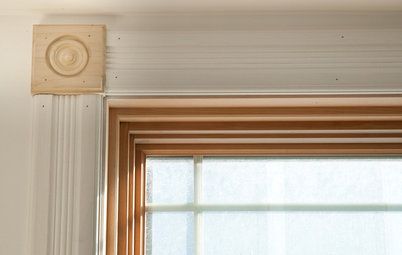 Fluted Window Trim, Rosette Door Trim, Window Trim With Rosettes, Drywall Return Window Trim, Rosette Window, Wood Rosettes, Boston Apartment, Craftsman Trim, Built In Buffet