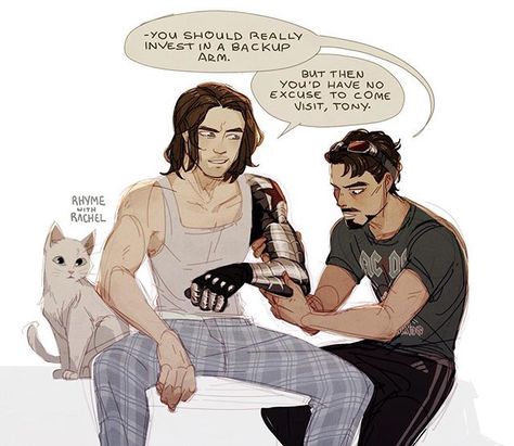 Bucky Barnes (Winter Soldier),Tony Stark (Iron Man),Cat White Bucky Tony, Bucky Barnes Fanart, Superfamily Avengers, Winter Soldier Bucky, Funny Marvel Memes, Like Drawing, Marvel Fan Art, Marvel Avengers Funny, Marvel Jokes