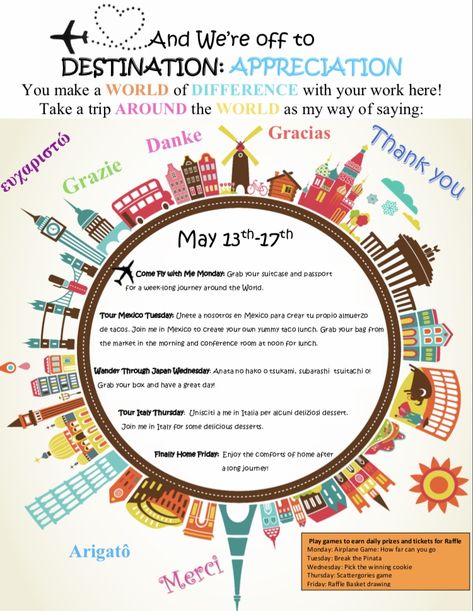 Around The World Invitations, Teacher Appreciation Around The World Theme, Teacher Appreciation Week Around The World Theme, Employee Appreciation Party Theme, Around The World Teacher Appreciation, Employee Events, Employee Appreciation Party, Teacher Appreciation Week Themes, Staff Ideas