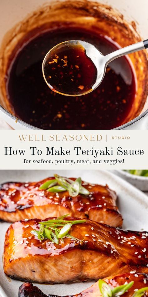 If you've ever wondered how to make teriyaki sauce, good news! It's as easy as simmering a few pantry staples on the stove top for 10 minutes. #wellseasonedstudio #teriyakisauce #howtomaketeriyaki #homemadeteriyaki Boba Cart, Make Teriyaki Sauce, Chinese Meals, Teriyaki Sauce Recipe, Sauce For Salmon, Lions Den, Cart Ideas, Sesame Sauce, Foodie Art