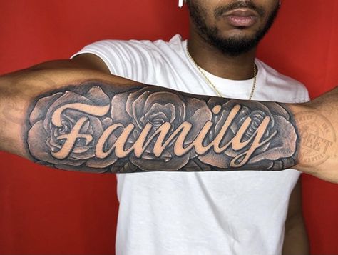 Tattoo Ideas For Men Forearm Name, The Word Family Tattoos, Last Name Forearm Tattoo Men, Bicep Tattoo Men Sleeve, Family Tattoo Forearm, Family Forearm Tattoo Men, Mom Name Tattoo For Men, Tattoo Ideas For Men Upper Arm, Alabama Tattoo Ideas