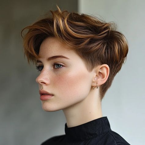 The modern textured pixie cut is a stunning hairstyle that blends boldness with femininity. This style features short, choppy layers that add volume and movement, making it perfect for those who desire a low-maintenance yet fashionable look. Styling this cut is straightforward; apply a lightweight styling mousse or texturizing spray to enhance the natural shape and create definition. For a more polished look, use a straightener for sleekness or a curling wand to add soft waves. Heart Face Hairstyles, Short Choppy Layers, Hairstyle Highlights, Textured Pixie, Textured Pixie Cut, Styling Mousse, Textured Layers, Choppy Layers, Heart Face