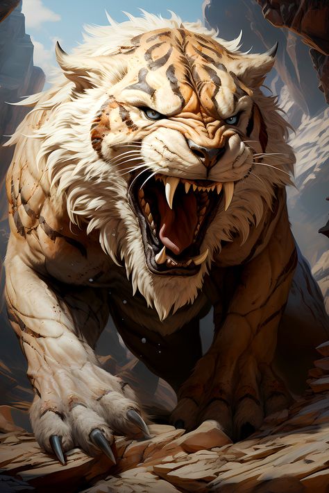 Sabertooth Tattoo, Sabertooth Tiger Art, Sabertooth Tiger Tattoo, Sabre Tooth Tiger, Sabretooth Tiger, Sabertooth Tiger, Tiger Artwork, Hybrid Art, Beast Creature