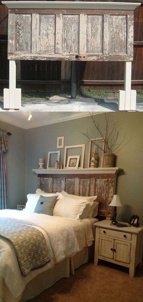 Headboard From Old Door, Rustic Wood Headboard, Diy Wood Headboard, Door Headboard, Diy Furniture Bedroom, Diy Headboard, Bed Sets, Old Door, Diy Bed