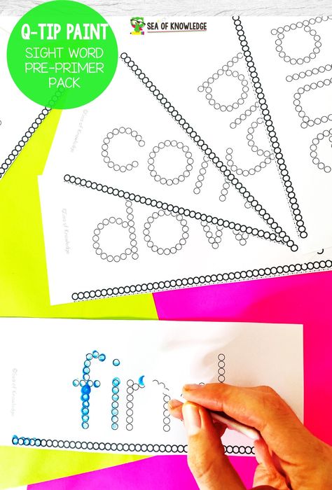 These Q-tip Painting Sight Words Fine Motor Activity printable will be a hit with your students! Qtip Painting, Prewriting Worksheets, Sight Word Centers, Q Tip Painting, Fine Motor Activity, Trick Words, Letter Identification, Painting Words, Painting Activities