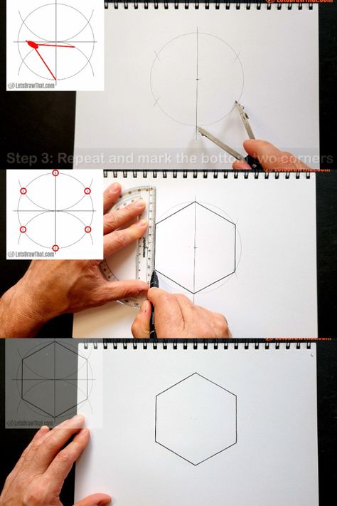 Drawing hexagon with pen and paper using compass and ruler - video tutorial. Drawing A Hexagon, How To Draw A Hexagon With A Ruler, Hexagon Drawing Ideas, How To Draw A Hexagon Step By Step, How To Draw Hexagon Shape, How To Draw A Hexagon, Hexagon Drawing Design, Draw Hexagon, Hexagon Drawing