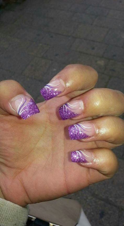 April Nails Ideas French Tips, Purple Manicure Designs, Purple Glitter French Tip Nails, Purple Tips Nails, Purple French Nails, Purple French Tip Nails, Purple French Manicure, Purple Toe Nails, Purple And Silver Nails