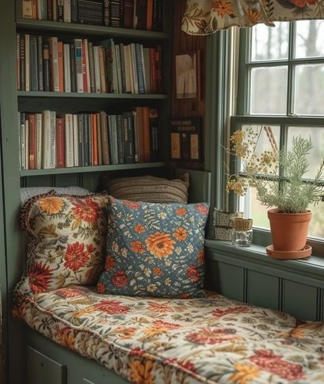 English Cottage Snug, Hobbit Inspired Interior Design, Design Brainstorm Caroline Winkler, Cottagecore Aesthetic Living Room, Cottagecore Home Aesthetic, Window Reading Nook, Warm Apartment Aesthetic, Warm Apartment, British Interior Design