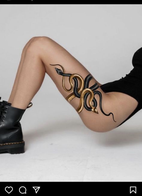 Snake Garter Tattoo, Golden Snake Tattoo, Gold Snake Tattoo, Ankle Snake Tattoo, Gold Ink Tattoo, December Tattoo, Ornamental Tattoos, Garter Tattoo, Medusa Tattoo Design