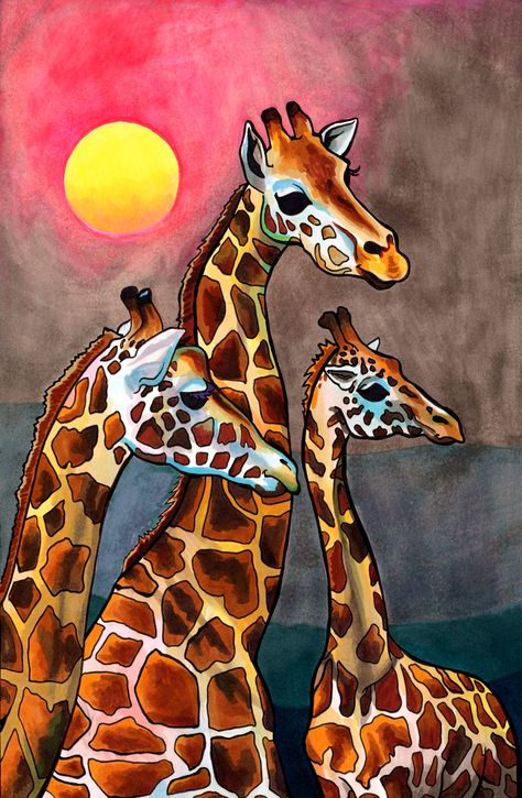 "Jirafas en Africa al Madrugada" Copic marker and ink on bristol board. Inspired by my recent journey to Africa. Buy a print here: Giraffe Pictures, Giraffe Painting, Afrique Art, African Paintings, Afrikaanse Kunst, Giraffe Art, African Art Paintings, Soyut Sanat Tabloları, Africa Art