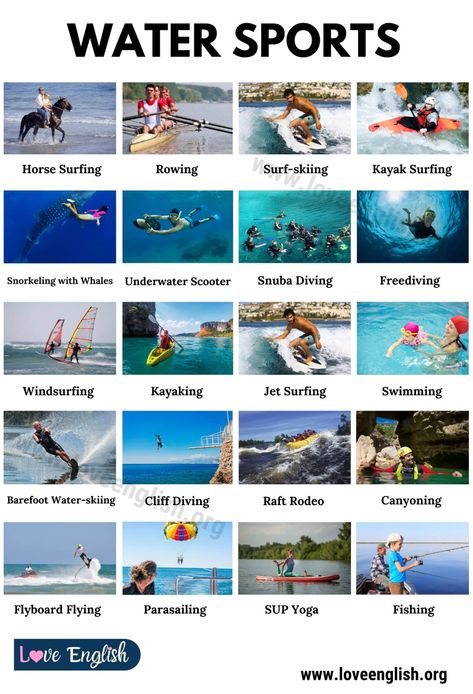 Water Sports: 30+ Different Types of Aquatic Sports You Should Try - Love English Swimming Types, Types Of Swimming, Types Of Sports, Sport Vocabulary, Aquatic Exercises Pool Workout, List Of Sports, General Knowledge For Kids, Jet Surf, Sport English