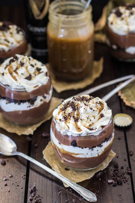 Irish Car Bomb Trifles -- SugarSpunRun Dessert Shooters Recipes, Shot Glass Desserts, Irish Car Bomb, Sugar Spun Run, Irish Car, Dessert Shooters, Dessert Shots, Tiramisu Dessert, Peanut Butter Oreo