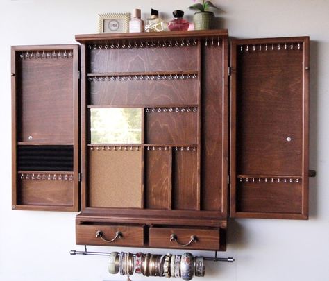 Jewelry Organizer Cabinet, Jewelry Storage Ideas, Display Earrings, Jewellery Cabinet, Earrings Storage, Organizer Cabinet, Earrings Display, Cabinet With Drawers, Earring Hanger