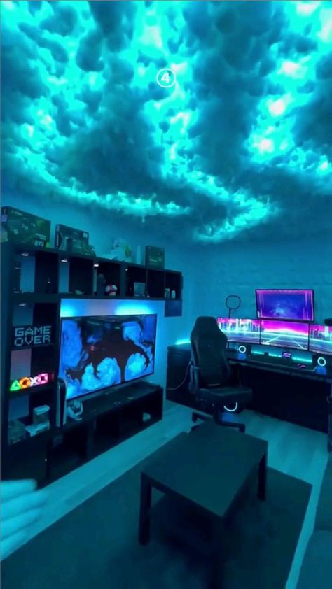 Beautiful Roomdesign, this modern gaming room wakes up when the clouds lights up #gaming#roomdes… | Video game room design, Game room design, Games room inspiration Games Room Inspiration, Boys Game Room, Gaming Bedroom, Cloud Ceiling, Led Lighting Bedroom, Video Game Room Design, Cloud Lights, Bedroom Setup, Gaming Room Setup