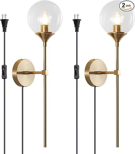 KCO Lighting Gold Globe Wall Sconce Plug in Mid Century Modern Long Arm Wall Light Set of 2 Brush Brass Bathroom Vanity Light Fixture Bubble Glass Wall Sconce (Clear) - Amazon.com Mid Century Light Fixtures, Bathroom Vanity Light Fixture, Globe Wall Light, Industrial Wall Lamp, Light Fixtures Bathroom Vanity, Bedroom Light Fixtures, Vanity Light Fixtures, Wall Lamps Bedroom, Nordic Interior