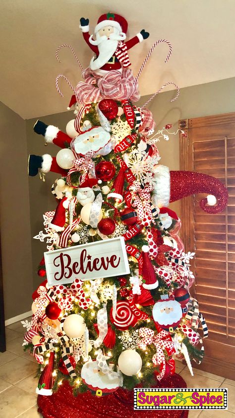 Santa Xmas Tree Ideas, Christmas Tree Themes Santa Claus, Believe Themed Christmas Tree, Santa Clause Theme Christmas Tree, Santa Claus Christmas Decor, Believe Christmas Decor, Santa Claus Tree Ideas, Santa Inspired Christmas Tree, Santa Themed Christmas Tree Topper