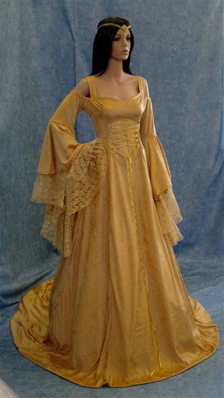 gold medieval dresses Wedding Dress Gold, Fantasy Wedding Dress, Medieval Wedding Dress, Celtic Clothing, Elven Dress, Elf Dress, Medieval Gown, Medieval Wedding, Gold Wedding Dress