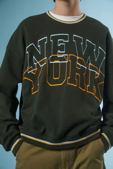 Embroidered New York Varsity Sweatshirt | Urban Outfitters Logo Play, Boys Shirts Pattern, Ck Logo, Varsity Sweatshirt, Athletic Style, Latest Mens Fashion, Sports Apparel, Athletic Fashion, Vintage Sweatshirt