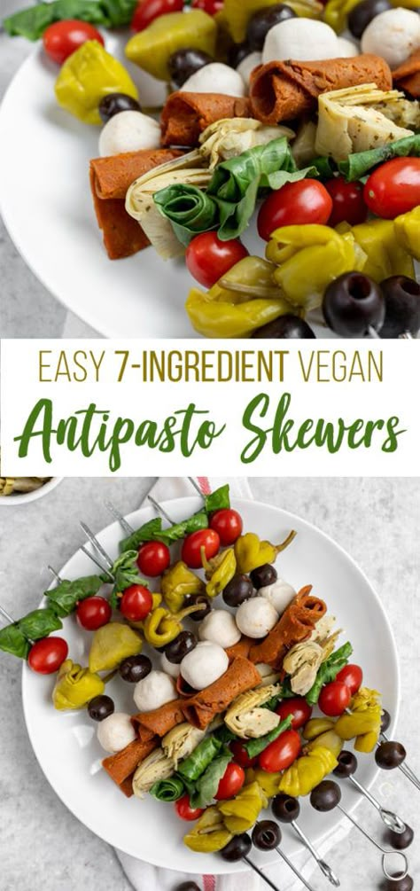 A no-cook recipe that is perfect for a last minute party appetizer, for summer picnics or even for a quick snack at home. These antipasto skewers are plain and simple, and ready in less than 10 minutes! #vegan #antipasto #skewers #partyrecipe #easy #nocook #lastminute #appetizer #starter #italian #fourthofjuly #sweetsimplevegan #partyrecipe #veganized Vegan Skewers Appetizers, Vegan Antipasto Platter, Cold Vegan Appetizers For Party, Vegan Buffet Food, Vegan Skewers, Vegan Italian Appetizers Easy, Italian Vegan Appetizers, Easy Vegan Appetizers For A Party, Vegan Buffet Ideas