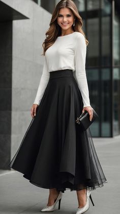 Elegant Long Skirt Outfits, Long Pleated Skirt Outfit Formal, Long Black Lace Skirt Outfit, Long Mesh Skirt Outfits, Pleated Skirt Outfit Formal, Aline Skirt Outfit, Skirt Outfits Dressy, Black Satin Skirt Outfit, Skirt Fall Outfits