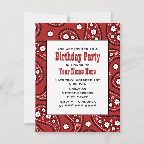 $ 2.63 | Red Paisley Bandana Inspired Birthday Invitation - birthday, birthday party, bandana, paisley, red paisley, paisley birthday, western, western birthday, cowboy Western Party Invitations, Cholo Party Decorations, Cowboy Birthday Party Invitations, Hip Hop Birthday, Western Birthday Party, Farm Themed Birthday Party, Cowboy Birthday Party, Western Birthday, Western Party