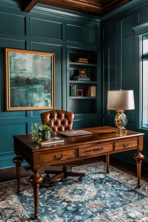 Dark teal walls and leather furniture, including a stylish desk chair, create a rich and elegant office. Brass accents and a large wooden desk with plenty of workspace enhance the sophisticated atmosphere. Teal Study Home Office, Home Office Classic Library Design, Classic Office Interior Design, Dark Teal Furniture, Teal Study, Dark Academia Office Aesthetic, Mens Office Desk, Dark Teal Office, Dark Teal Interior