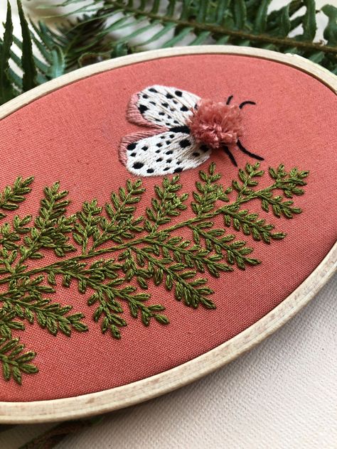 The Perfect Fall Stitch: Moth and Fern Embroidery Kit Fern Embroidery Tutorial, Fern Embroidery Stitch, Embroidery Leaf Pattern, Fern Embroidery Pattern, Detached Chain Stitch, Embroidered Fern, Fern Embroidery, Mughal Garden, Bugs Embroidery