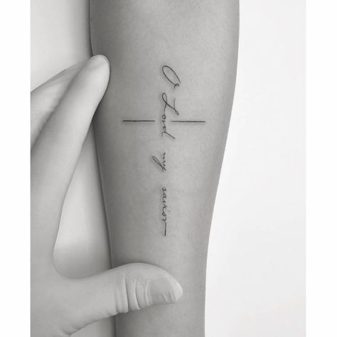 Cross Writing Tattoo, Cross And Scripture Tattoo, Cross With Faith Tattoo, Cross With Quote Tattoo, Cross That Says Faith Tattoo, Christian Cross Tattoos, Biblical Tattoos, Inner Forearm, Bible Verse Tattoos