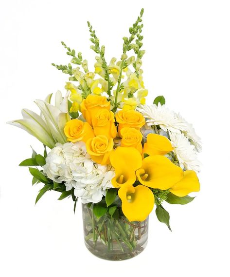 For the sunshine in your life! Includes calla lilies, hydrangeas, roses, lilies & more. #CentralSquareFlorist Lily Flower Arrangements, Corporate Arrangements, Birthday Flowers Bouquet, Tulips Arrangement, Yellow Bouquets, Decoration Flowers, Central Square, Stargazer Lily, Faux Flower Arrangements