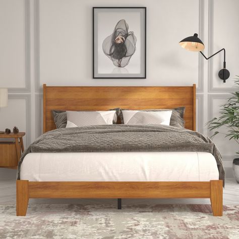 Introducing the Abby Retro Wood Frame Queen Platform Bed with Headboard: Where timeless design meets modern flair, redefine your bedroom with a statement piece that effortlessly combines style and comfort. Design Ložnic, Mid Century Modern Bed, Wood Bedroom Sets, Bookcase Bed, Bed With Headboard, Bed Platform, Full Platform Bed, King Platform Bed, Queen Platform Bed