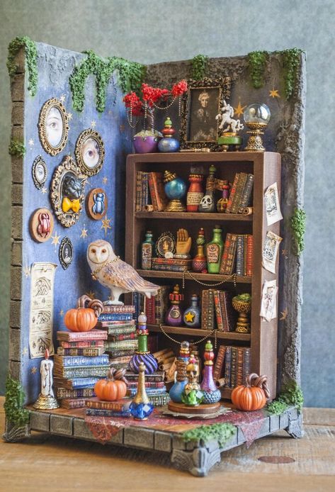 Owl Diorama, Wizard Library, Potion Room, Witch Cabinet, Library Magic, Room Diorama, Secret Library, Magic Room, Bookshelf Insert