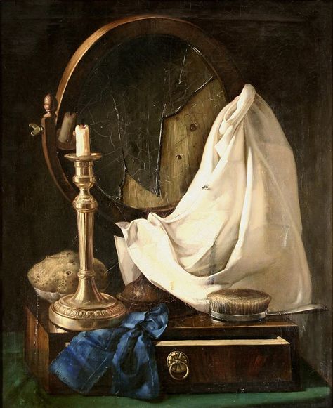 The Broken Mirror (1849) by Moritz Adler (Hungarian, 1826 - 1902), oil on canvas, 68 x 55 cm - The National Gallery, Alexandros Soutsos Museum (Athens, Greece) Broken Mirror Painting, Painting Mirror Frames, Mirror Drawings, Mirror Illustration, Painting Mirror, Ap Drawing, Reference Photos For Artists, Reflection Painting, Lemon Painting