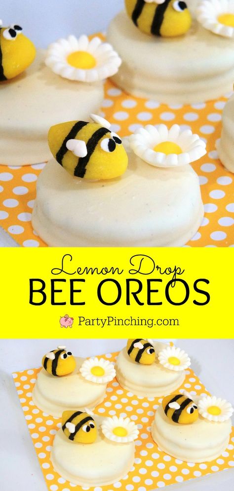 Bee Party Desserts, Bee Desert Ideas, Honey Bee Desserts, Bumble Bee Treats Ideas, Yellow Desserts Ideas, Bee Cupcakes Ideas, Bee Theme Food, Honeybee Cookies, Bee Party Food Ideas