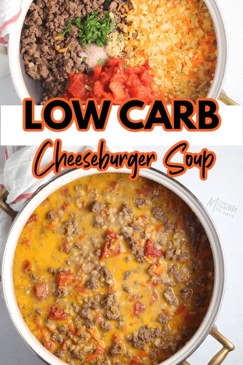 Craving a cheeseburger on your low carb or keto diet? Satisfy that taste with this Low Carb Cheeseburger Soup recipe. It's a keto-friendly comforting meal that the whole family will love. Hamburger Soup Keto Low Carb, Cheeseburger Soup Crockpot Keto, Cauliflower Cheeseburger Soup, Low Carb Meals Slow Cooker, Keto Cheeseburger Soup Recipes, Savory Keto Dinners, Keto Beef Soup Recipes Low Carb, Keto Wedding Soup, Keto Hamburger Soup Crock Pot