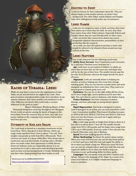 Races of Ydrasia: Leshi. Mushroom-Folk! - UnearthedArcana Home Brew Dnd Races, Dnd Hombrew Races, D&d Homebrew Races, Dnd Races Homebrew, Dnd Homebrew Race, Dnd 5e Races, Mushroom Folk, Homebrew Races, 5e Races