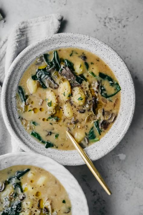 Vegan Gnocchi Soup | FoodByMaria Vegan Gnocchi Soup, Olive Garden Gnocchi Soup, Mushroom Gnocchi, Greek Lemon Rice Soup, Mushroom Vegan, Vegan Gnocchi, Lemon Rice Soup, Greek Lemon Rice, Vegan Dumplings