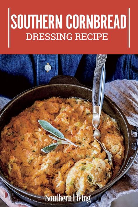 Whip out the cast iron skillet for this well-spiced Cornbread Dressing, complete with homemade chicken stock. #thanksgivingfood #dressingrecipe #southernfood #traditionalthanksgivingrecipes #southernliving Dressing With Chicken, Cornbread Thanksgiving, Dressing Cornbread, Thanksgiving Corn Bread, Cornbread Dressing With Chicken, Southern Dressing, Homemade Cornbread Dressing, Dressing Thanksgiving, Southern Cornbread Dressing