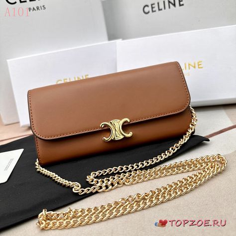 Celine Triomphe Bag Brown, Small Designer Bags, Celine Triomphe Chain Shoulder Bag, Luxury Brown Chain Shoulder Bag, Celine Clutch With Chain, Luxury Crossbody Wallet On Chain With Gold-tone Hardware, Luxury Crossbody, Designer Wallets, Genuine Leather Wallets