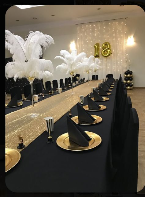 Modeling Party Ideas, White Black Gold Birthday Decor, Classy Black And Gold Party, Black And Gold Brunch Decor, Black And Gold Hollywood Theme Party, Black Gold 18th Birthday, Black Tie Masquerade Party Ideas, 18th Birthday Black And Gold Theme, Gold Black Party Theme