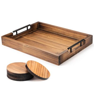 Enjoy your breakfast in bed, have your snacks and drinks by your side while watching TV, or take meals out into the garden for a mini picnic with Loon Peak® Ottoman Tray (wood). Our handy wooden tray is lightweight, easy to carry, and large enough to hold all your silverware. Featuring a well-thought multipurpose design, this serving tray is a great way to serve guests coffee, wine, pastries, and more in style! Loon Peak® WOODEN SERVING TRAY WITH HANDLE -Transform your center table or coffee tab Ottoman Serving Tray, Couch Tray, Tray For Coffee Table, Rustic Serving Trays, Coffee Table Kitchen, Wooden Serving Tray, Serving Tray Set, Kitchen Tray, Bed Tray