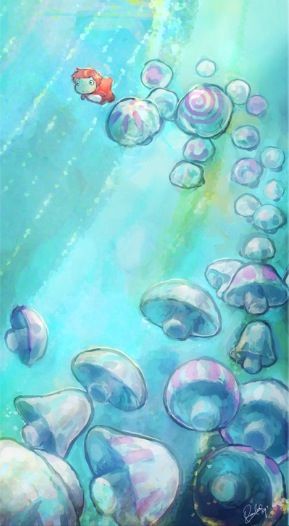 Ponyo and the jelly fish Ponyo Underwater, Ponyo Watercolor, Ponyo Fanart, Anime Ponyo, Ponyo Anime, Ghibli Ponyo, 하울의 움직이는 성, Studio Ghibli Fanart, Kids Movie